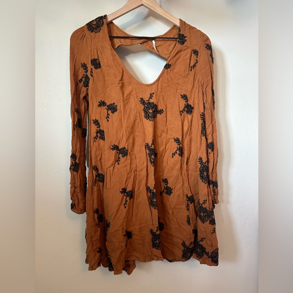Free People Terracotta Dress with Black Floral Design